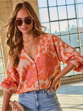 Vici Peach and Orange Floral V-Neck Button Cardigan